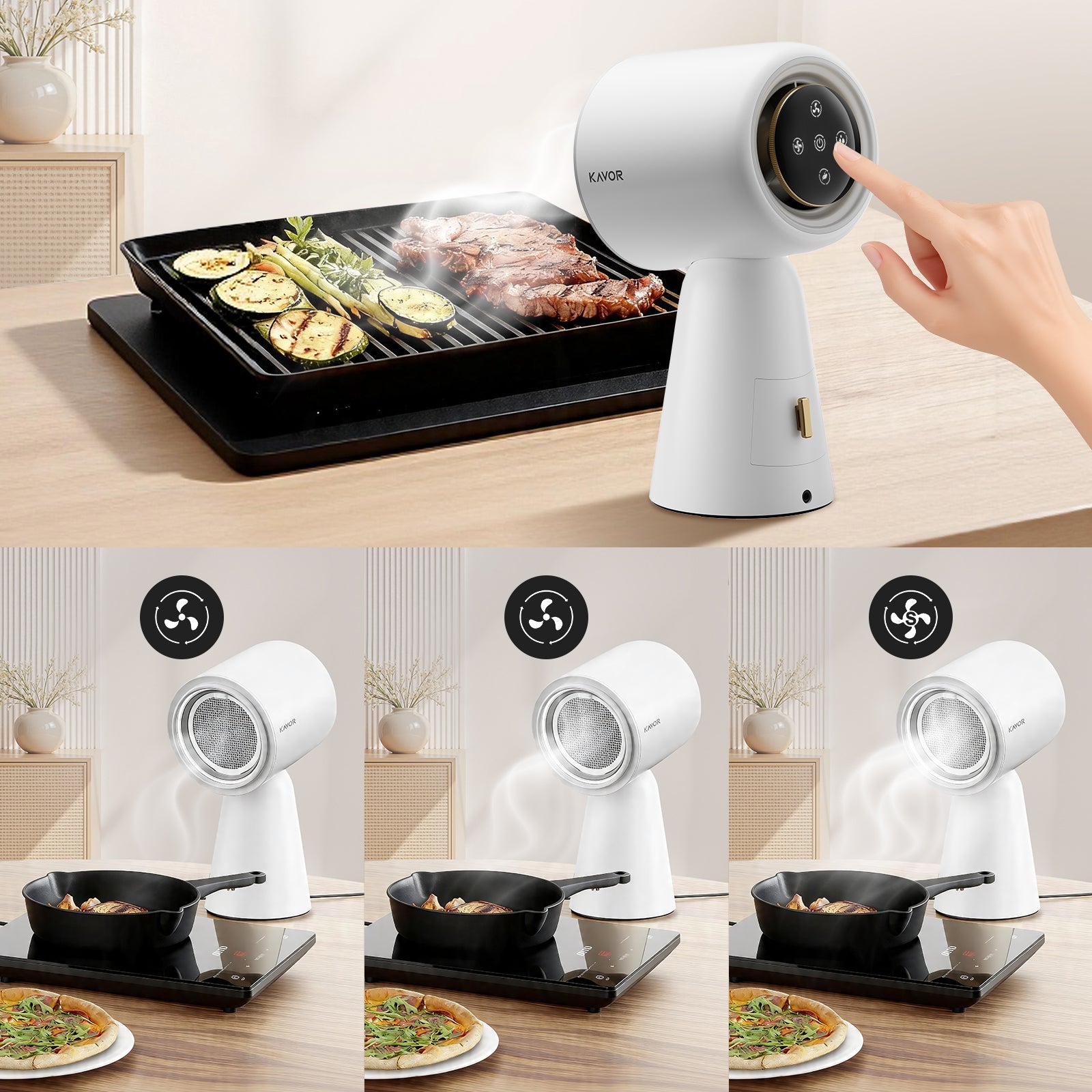 Kavor 3 Speeds Portable Kitchen Exhaust Fan – Desktop Range Hood with 15° Adjustable Head, Turbo Suction, Oversized Oil Cup for Countertop Cooking