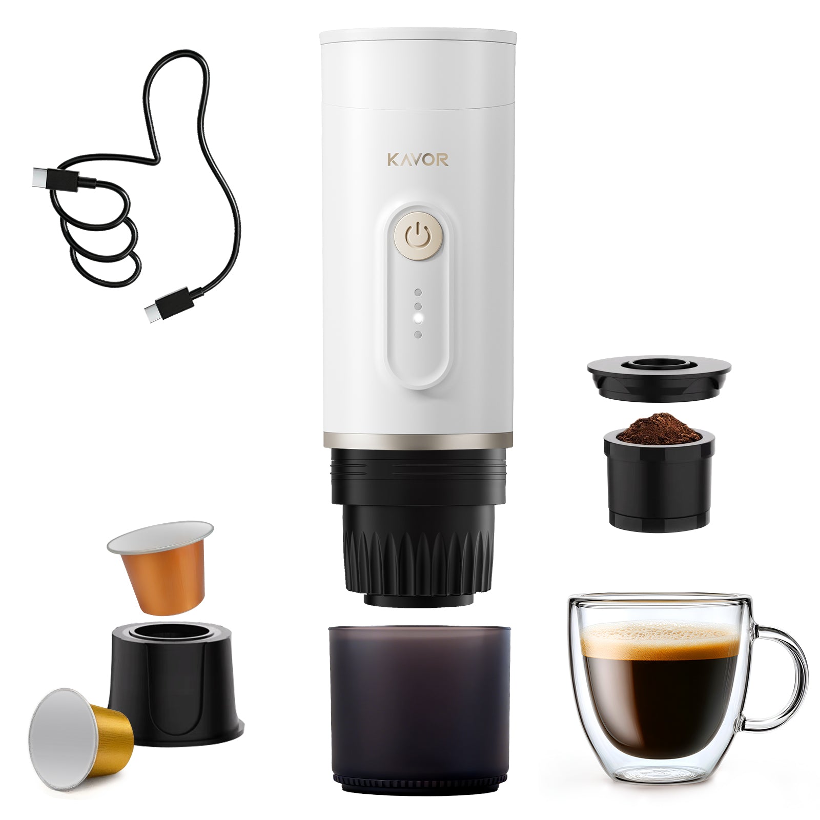 Kavor Portable Wireless Self-Heating Espresso Maker – Cold & Hot Brew, Ground Coffee & NS Capsule Compatible, for Camping/RV/Travel/Office