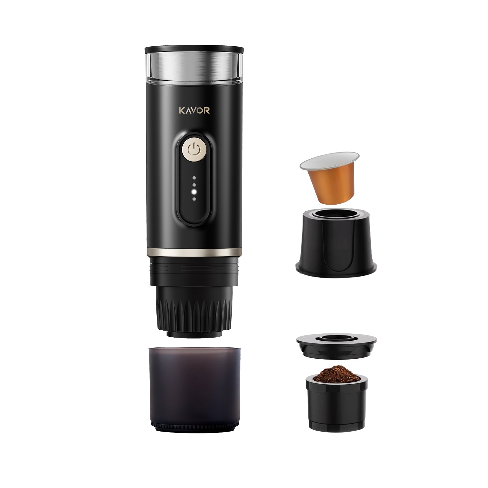 Kavor Portable Wireless Self-Heating Espresso Maker – Cold & Hot Brew, Ground Coffee & NS Capsule Compatible, for Camping/RV/Travel/Office