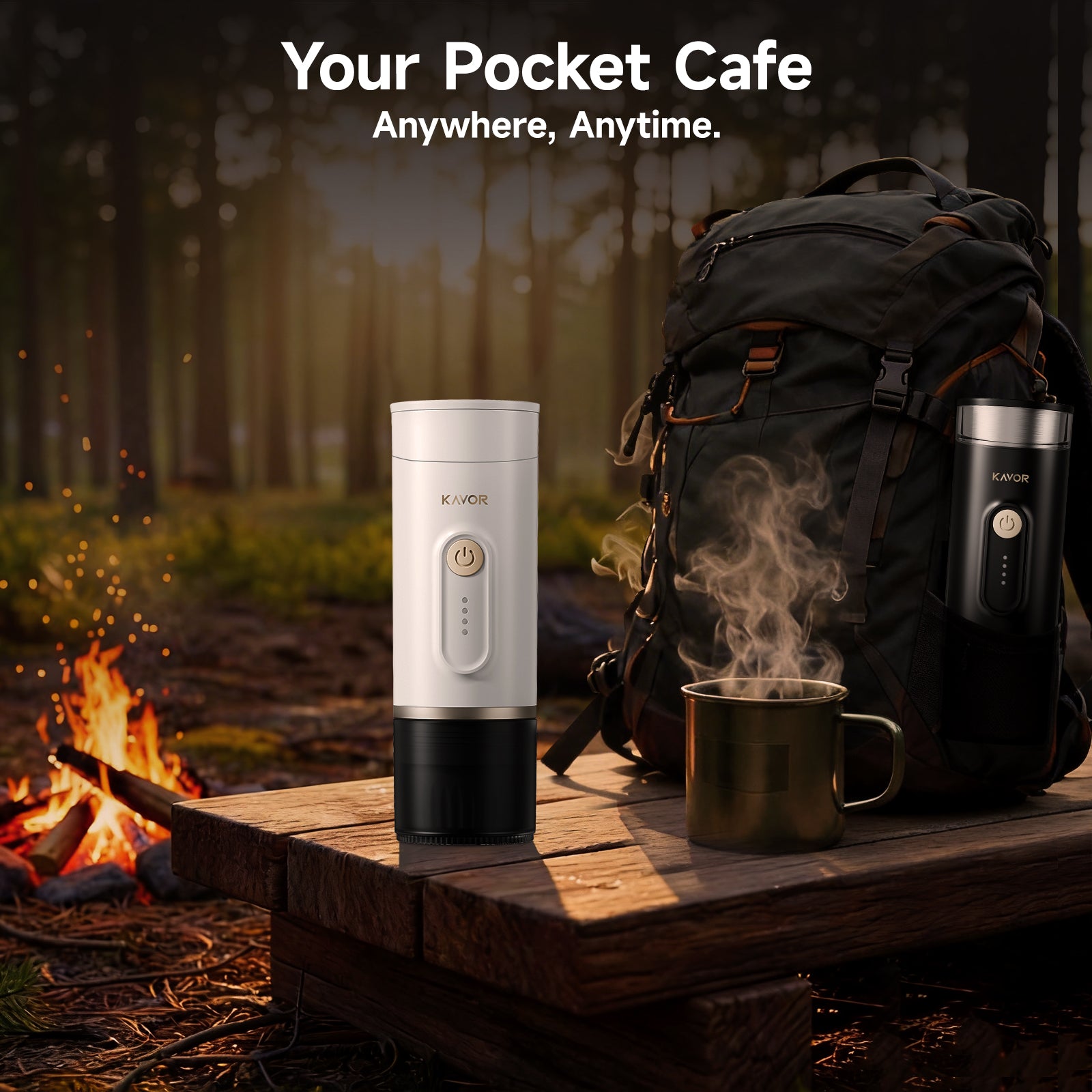 Kavor Portable Wireless Self-Heating Espresso Maker – Cold & Hot Brew, Ground Coffee & NS Capsule Compatible, for Camping/RV/Travel/Office