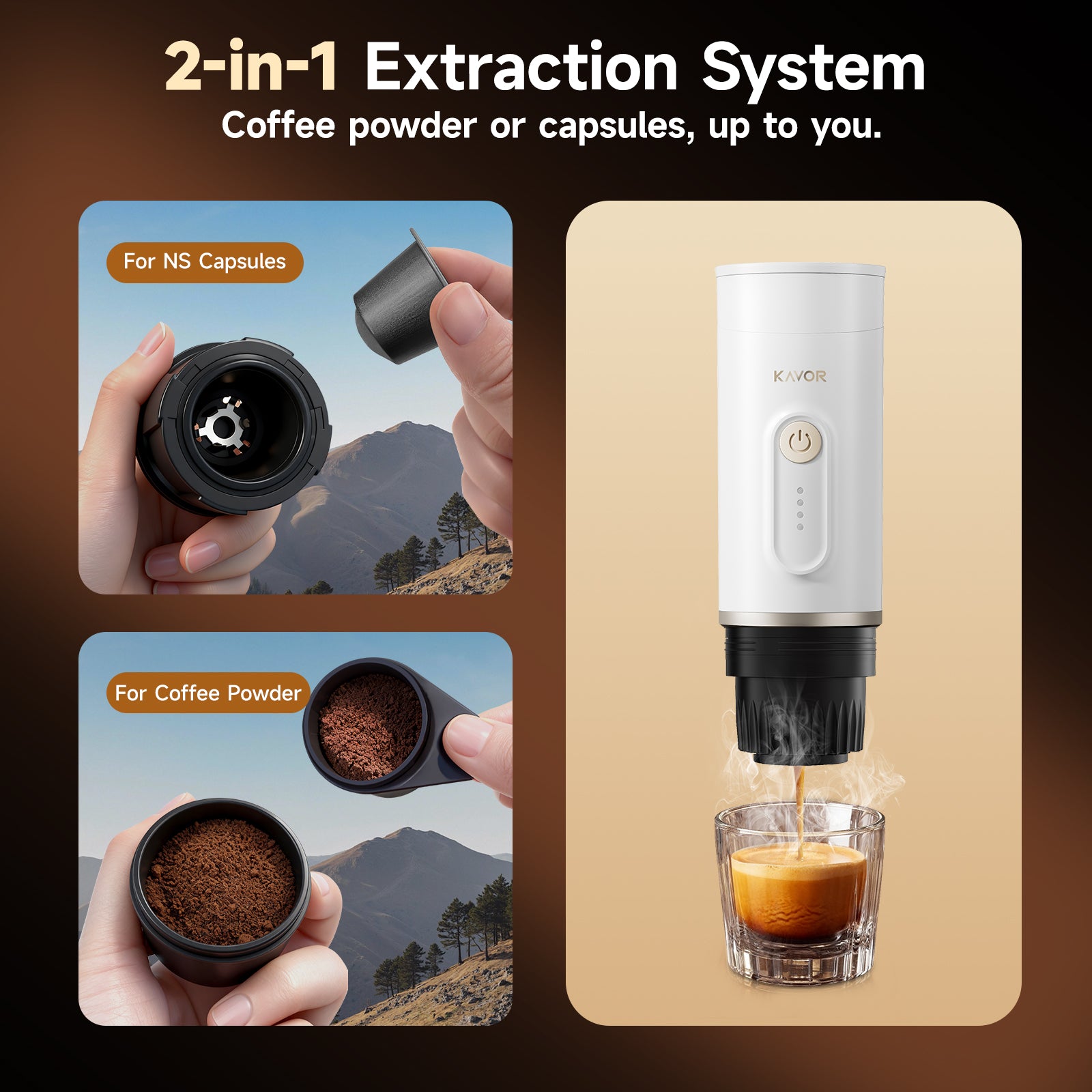 Kavor Portable Wireless Self-Heating Espresso Maker – Cold & Hot Brew, Ground Coffee & NS Capsule Compatible, for Camping/RV/Travel/Office