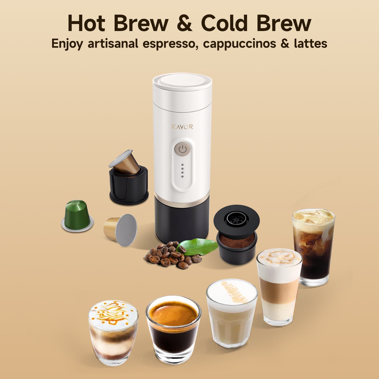 Kavor Portable Wireless Self-Heating Espresso Maker – Cold & Hot Brew, Ground Coffee & NS Capsule Compatible, for Camping/RV/Travel/Office