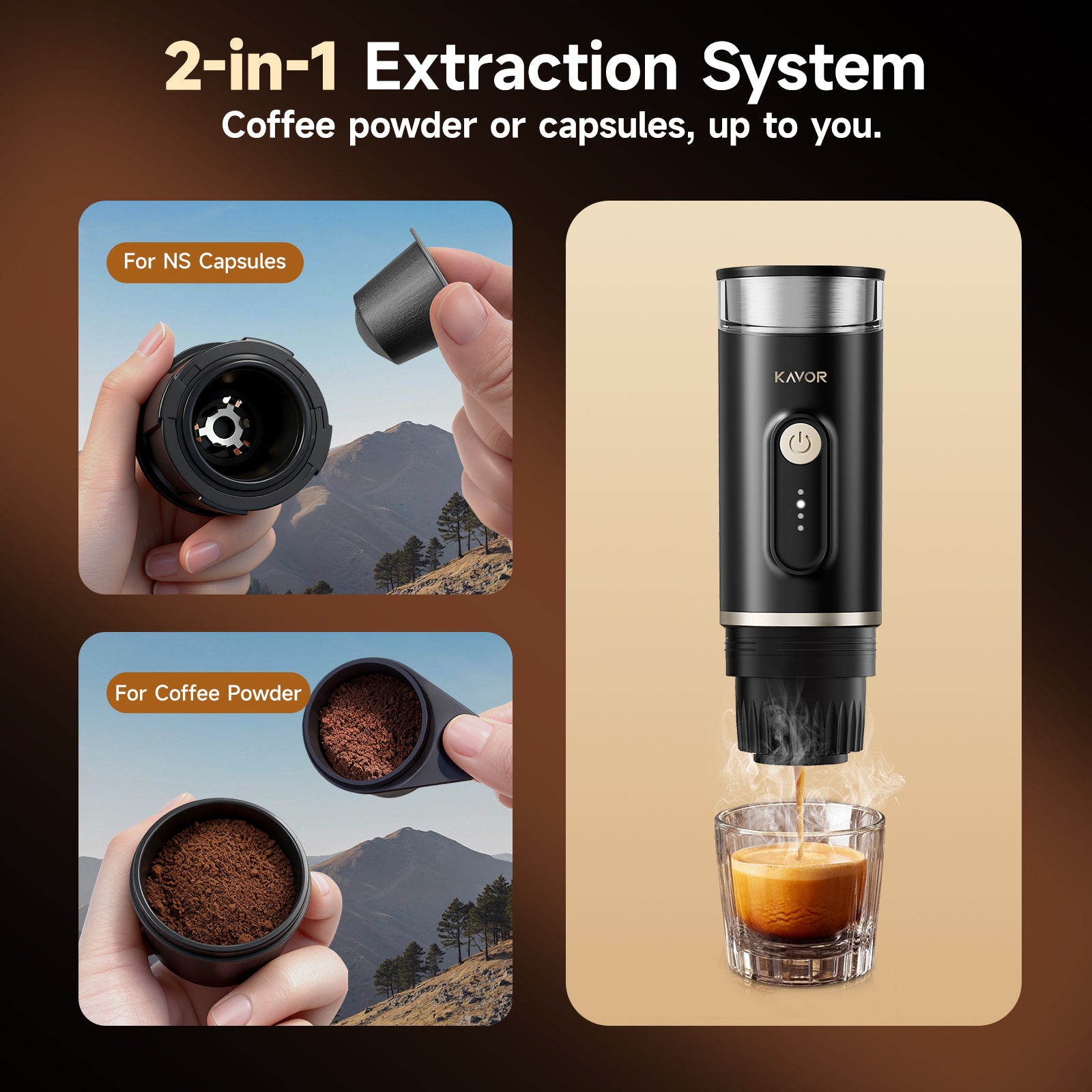 Kavor Portable Wireless Self-Heating Espresso Maker – Cold & Hot Brew, Ground Coffee & NS Capsule Compatible, for Camping/RV/Travel/Office