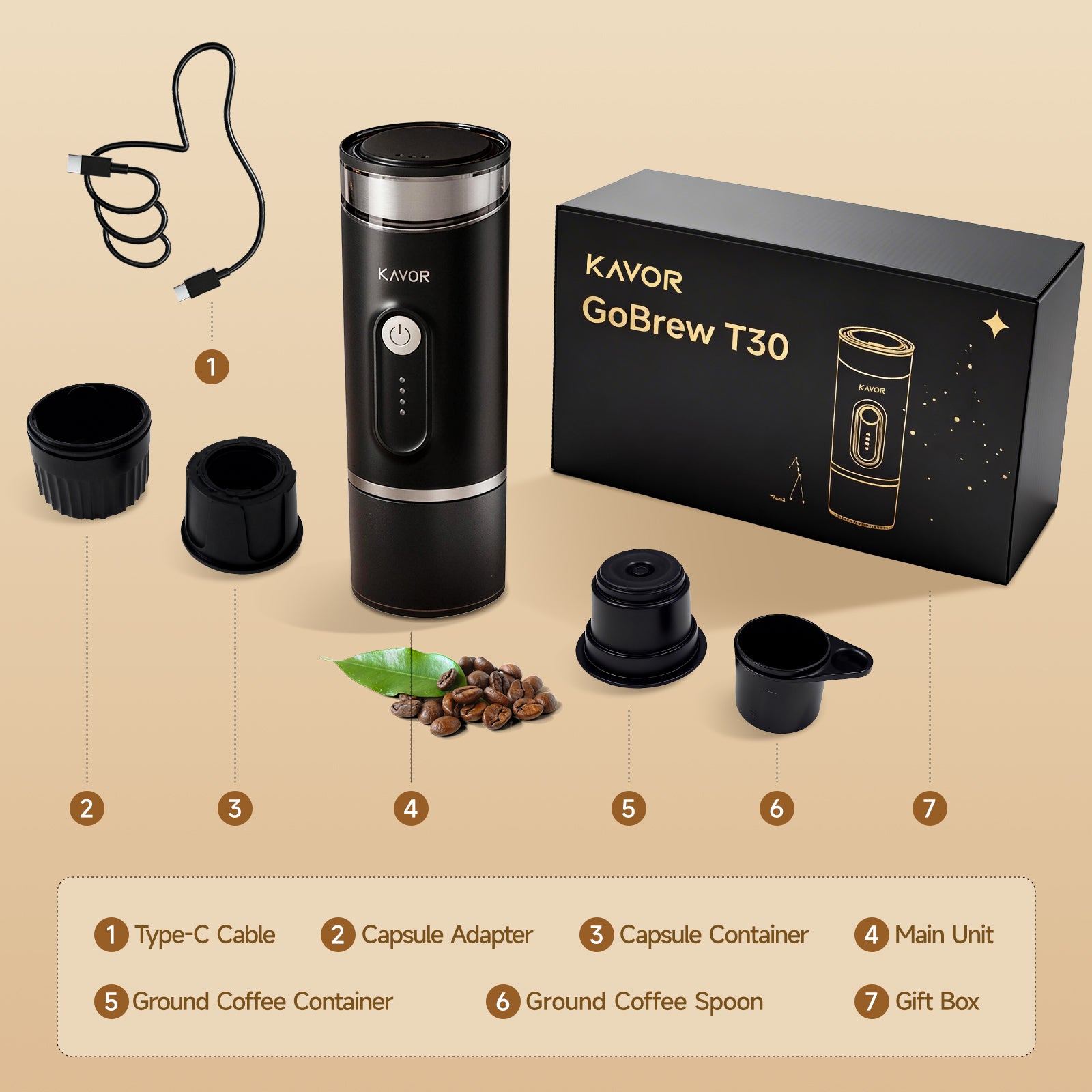 Kavor Portable Wireless Self-Heating Espresso Maker – Cold & Hot Brew, Ground Coffee & NS Capsule Compatible, for Camping/RV/Travel/Office