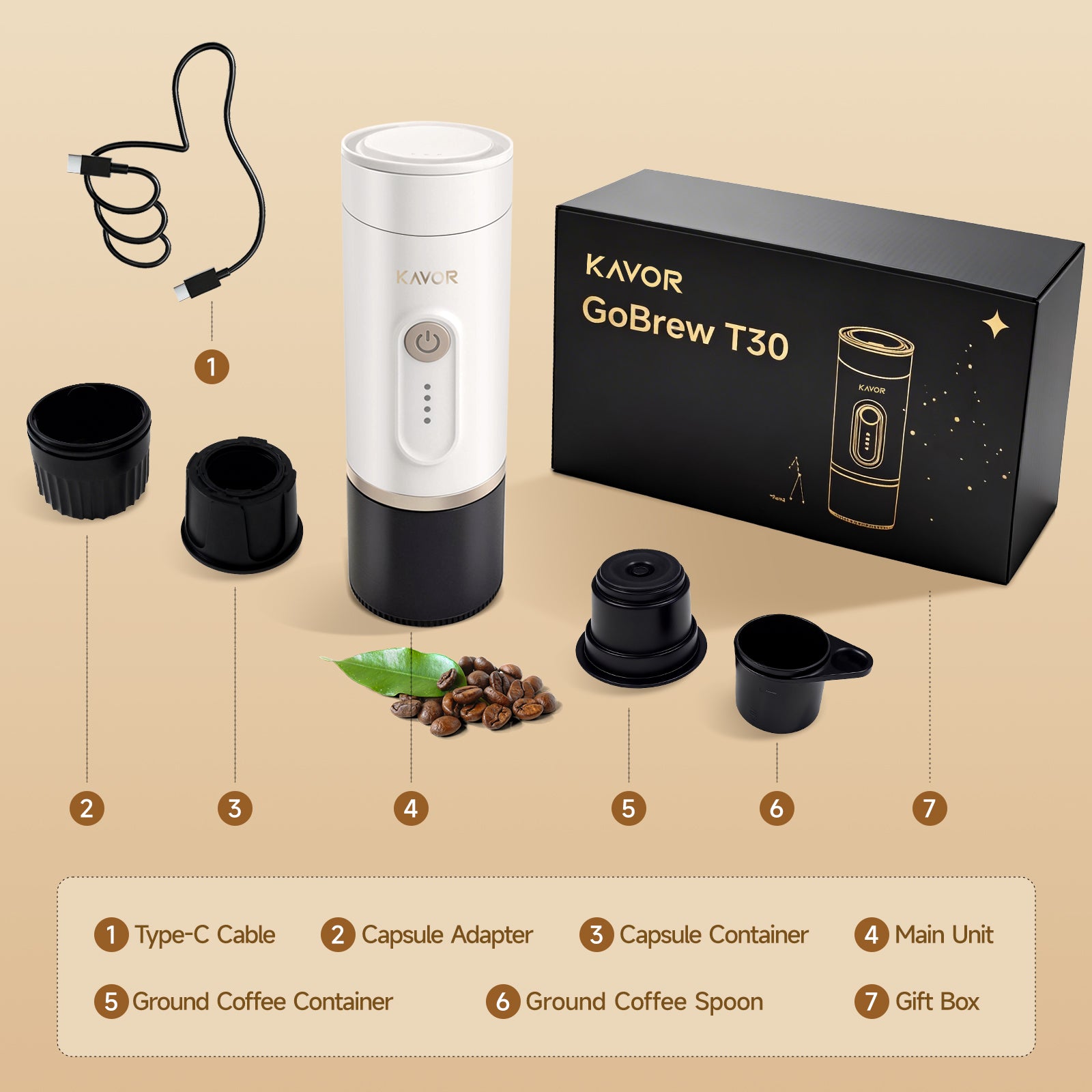 Kavor Portable Wireless Self-Heating Espresso Maker – Cold & Hot Brew, Ground Coffee & NS Capsule Compatible, for Camping/RV/Travel/Office