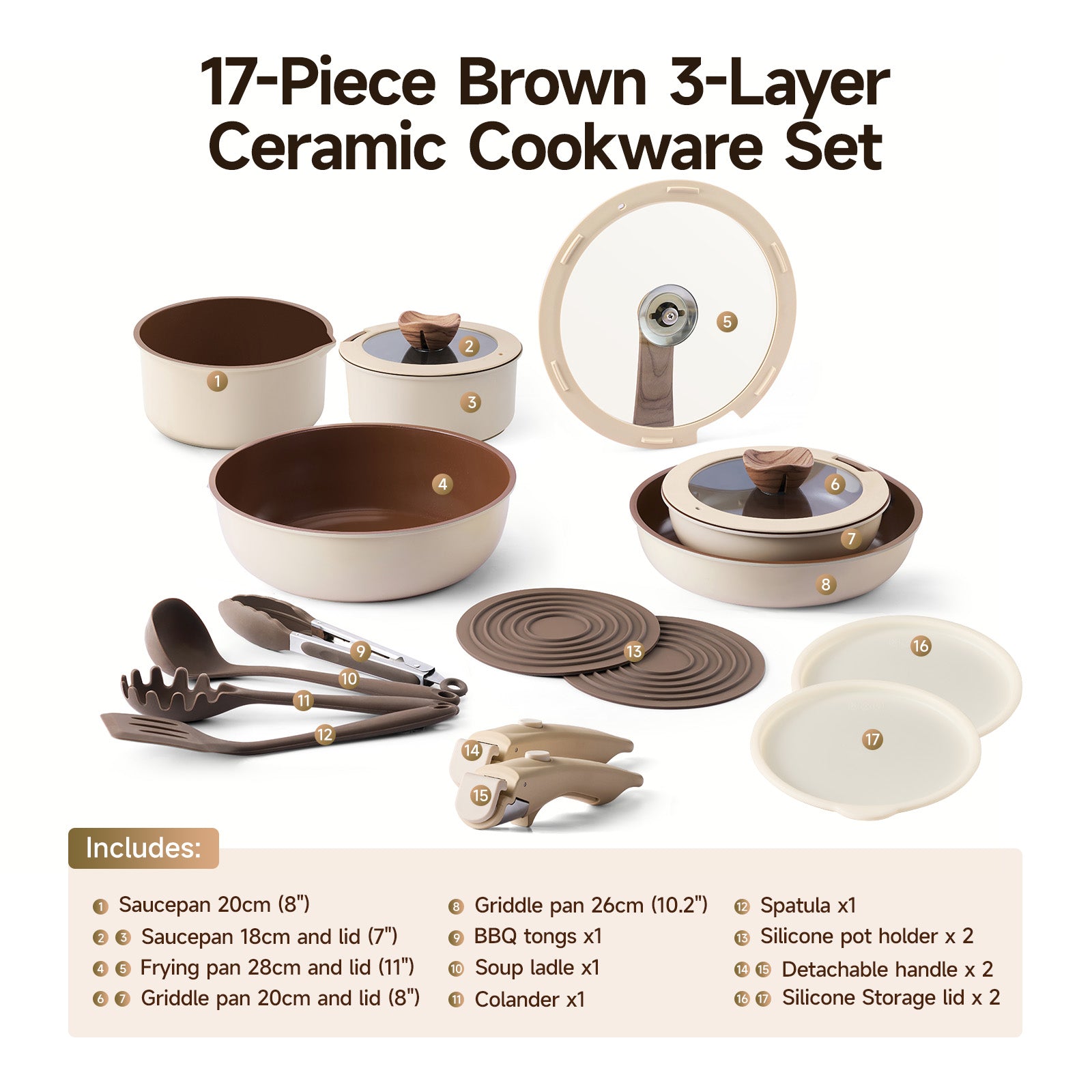 Ceramic Nonstick Cookware Set – Healthy Pots and Pans with Removable Handle